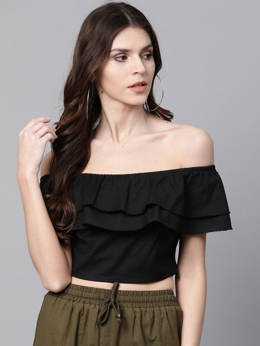 Women's Black Off Shoulder Layer Crop Top