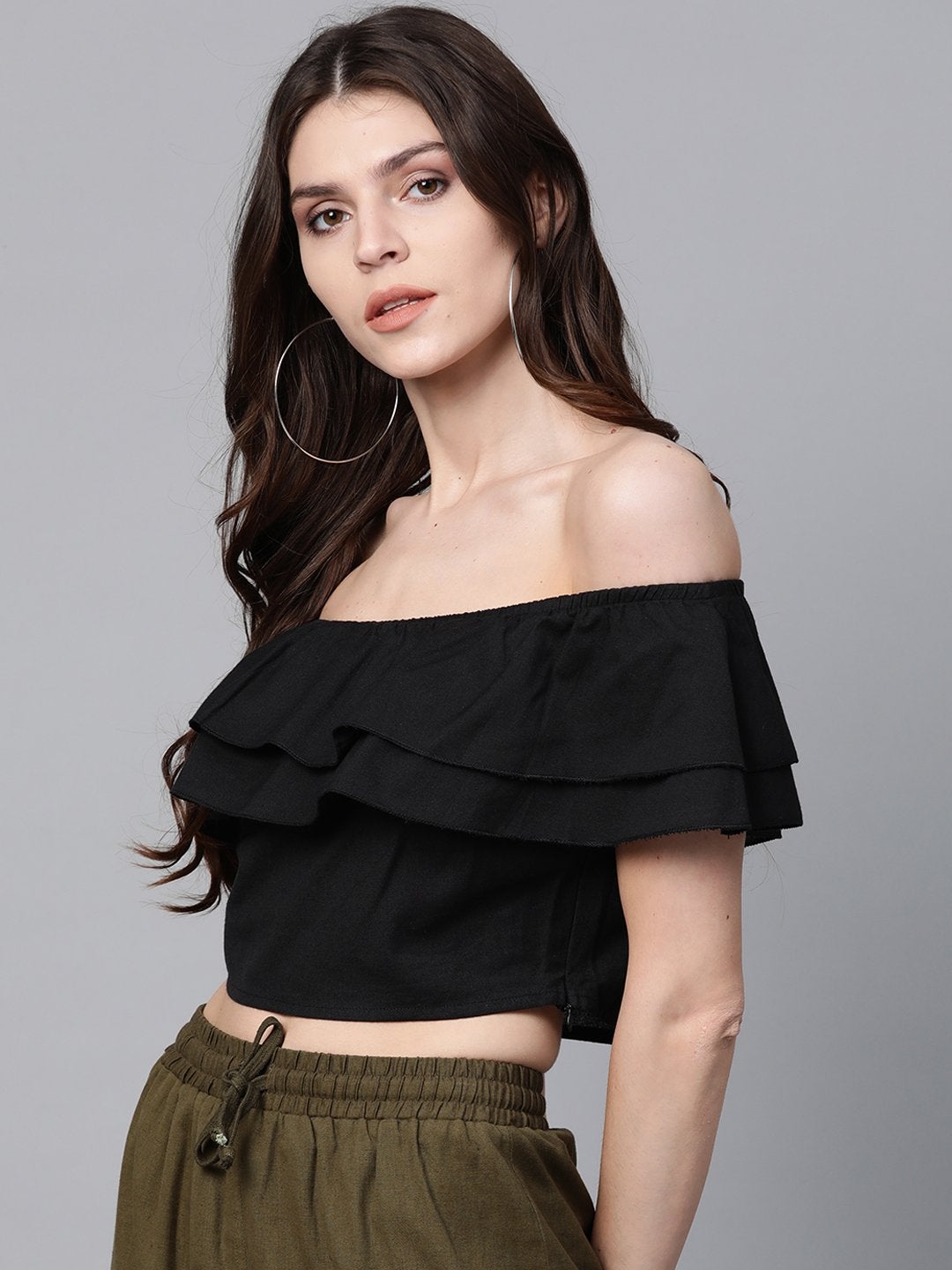 Women's Black Off Shoulder Layer Crop Top