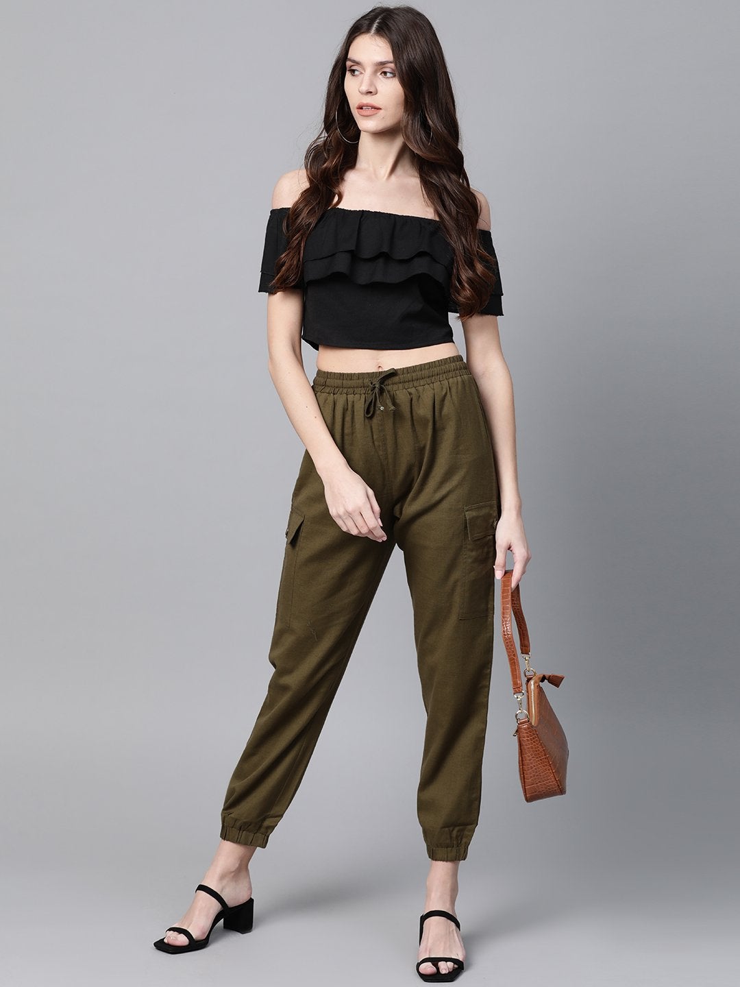Women's Black Off Shoulder Layer Crop Top