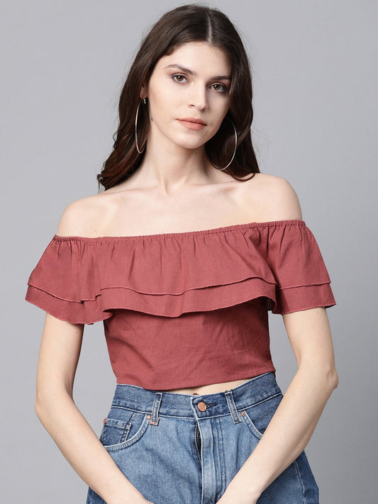Women's Burgundy Off Shoulder Layer Crop Top