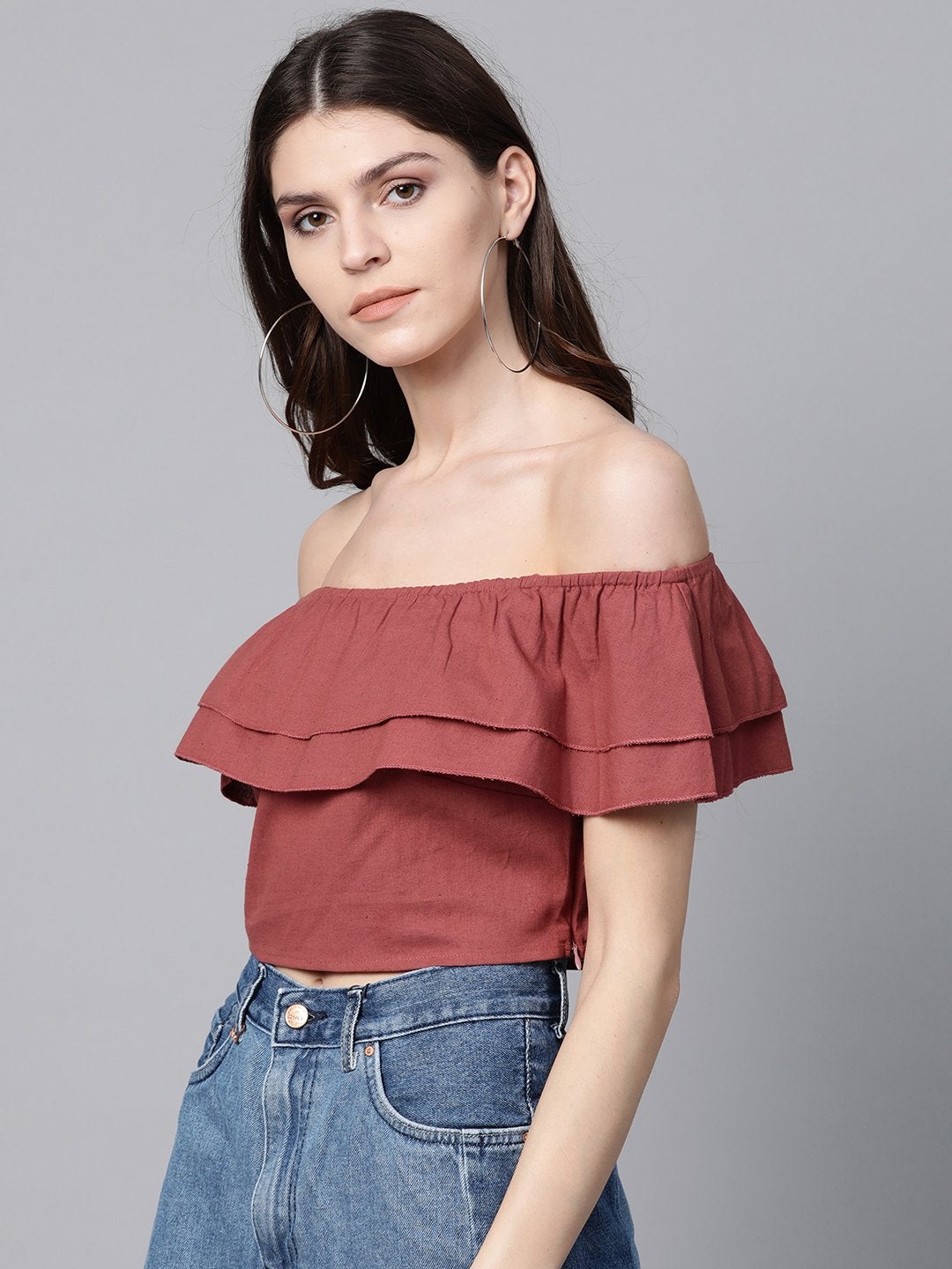 Women's Burgundy Off Shoulder Layer Crop Top