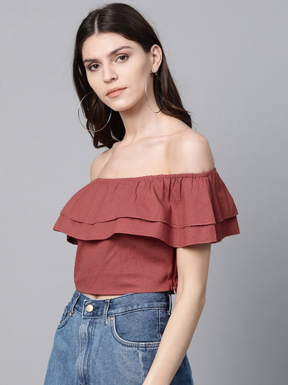 Women's Burgundy Off Shoulder Layer Crop Top