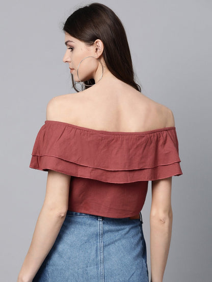Women's Burgundy Off Shoulder Layer Crop Top
