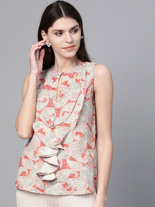 Women's Orange Paisley Cascading Ruffles Top