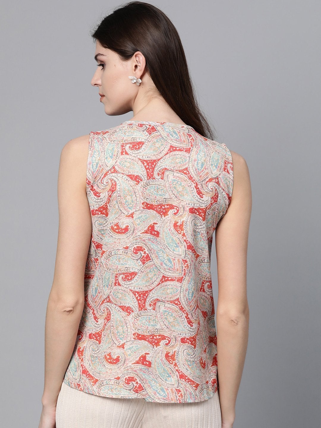 Women's Orange Paisley Cascading Ruffles Top