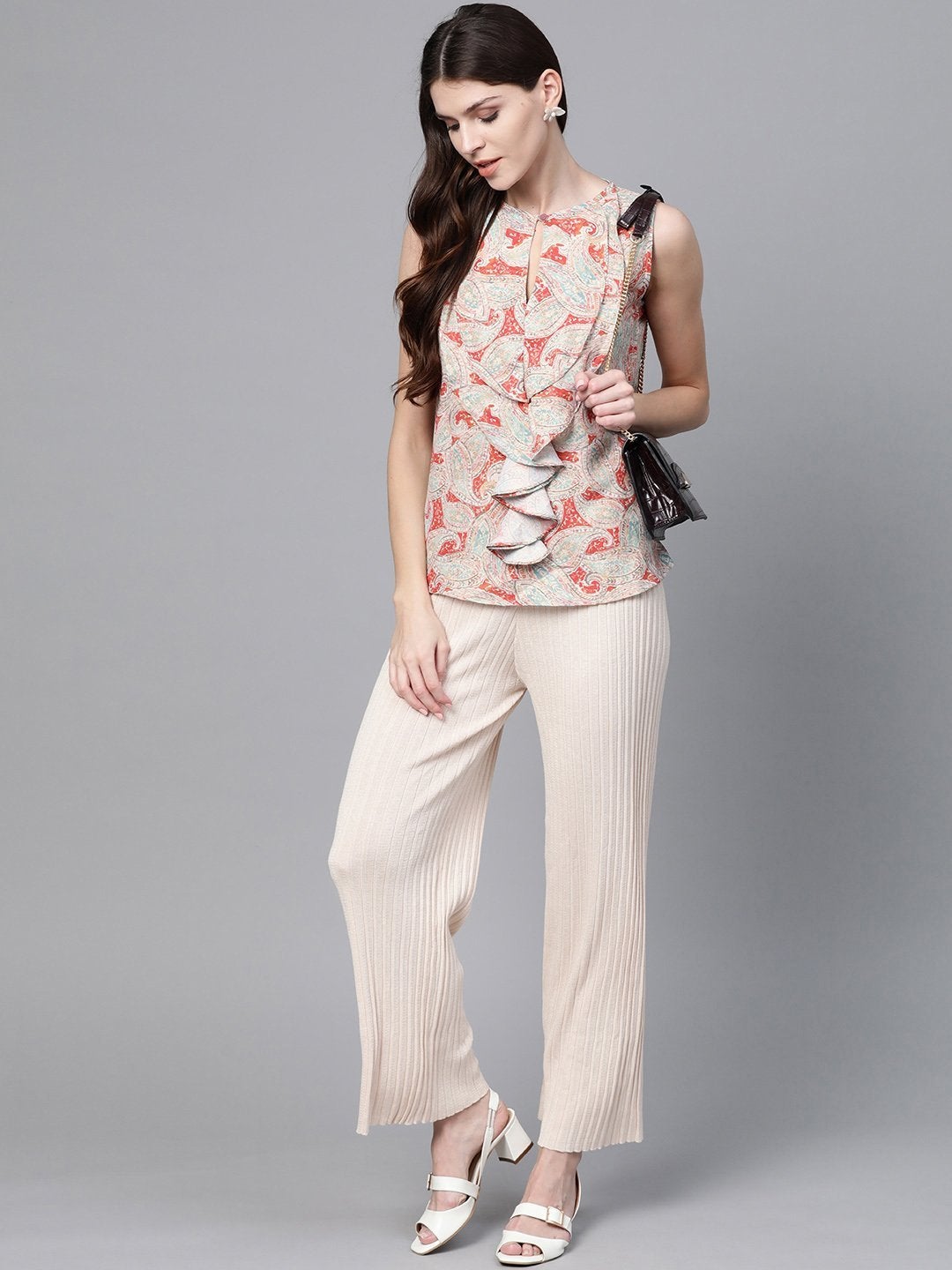 Women's Orange Paisley Cascading Ruffles Top