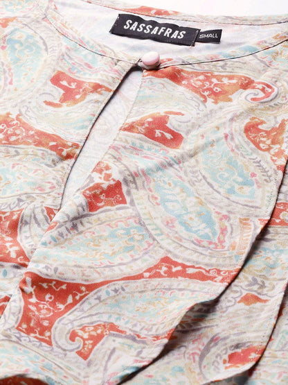 Women's Orange Paisley Cascading Ruffles Top