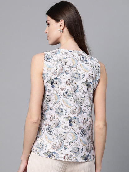 Women's Off White Paisley Cascading Ruffles Top