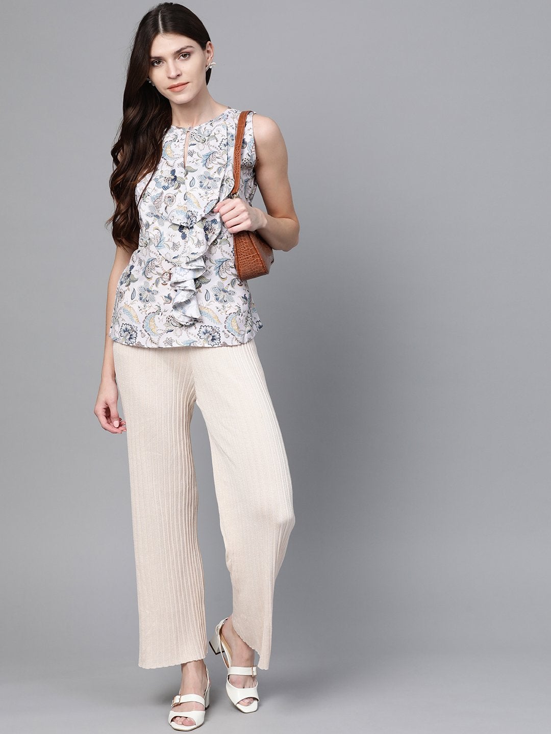 Women's Off White Paisley Cascading Ruffles Top