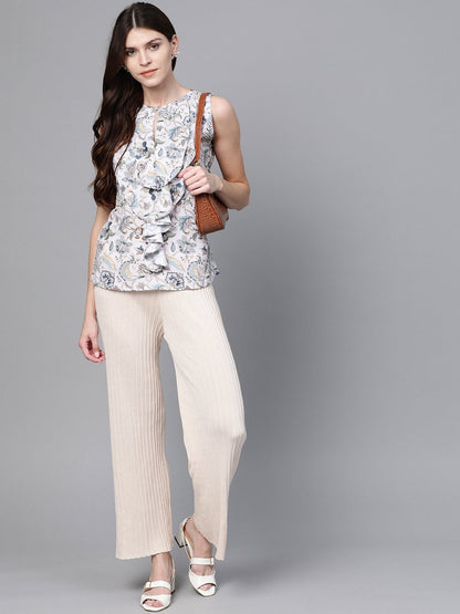 Women's Off White Paisley Cascading Ruffles Top