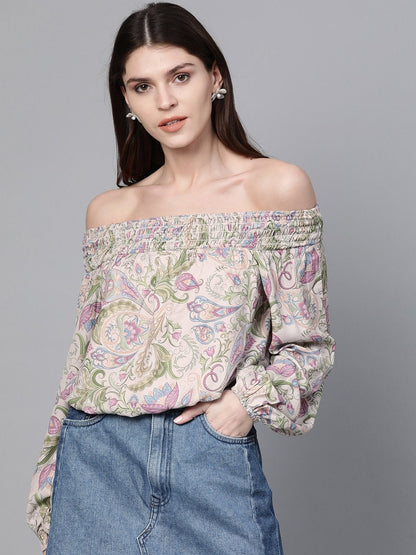 Women's Beige Paisley Smocked Bardot Crop Top