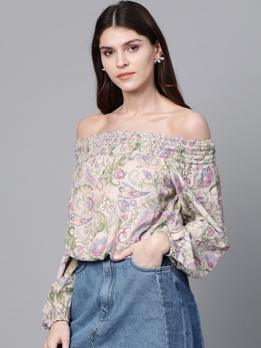 Women's Beige Paisley Smocked Bardot Crop Top