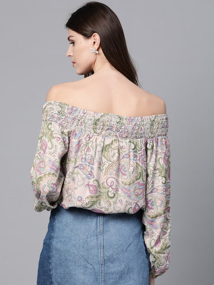 Women's Beige Paisley Smocked Bardot Crop Top