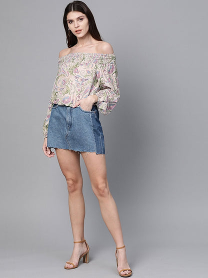 Women's Beige Paisley Smocked Bardot Crop Top