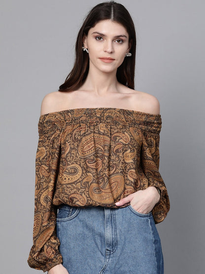 Women's Brown Paisley Smocked Bardot Crop Top