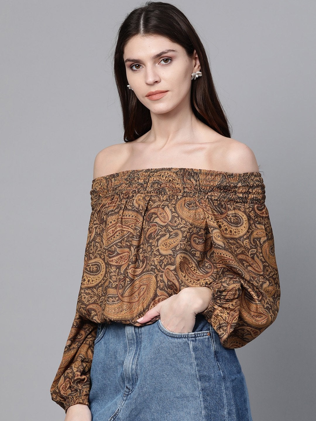 Women's Brown Paisley Smocked Bardot Crop Top