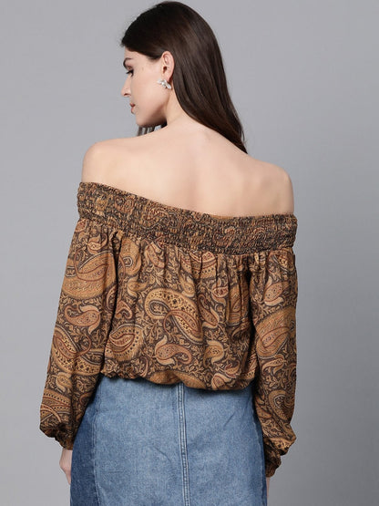 Women's Brown Paisley Smocked Bardot Crop Top