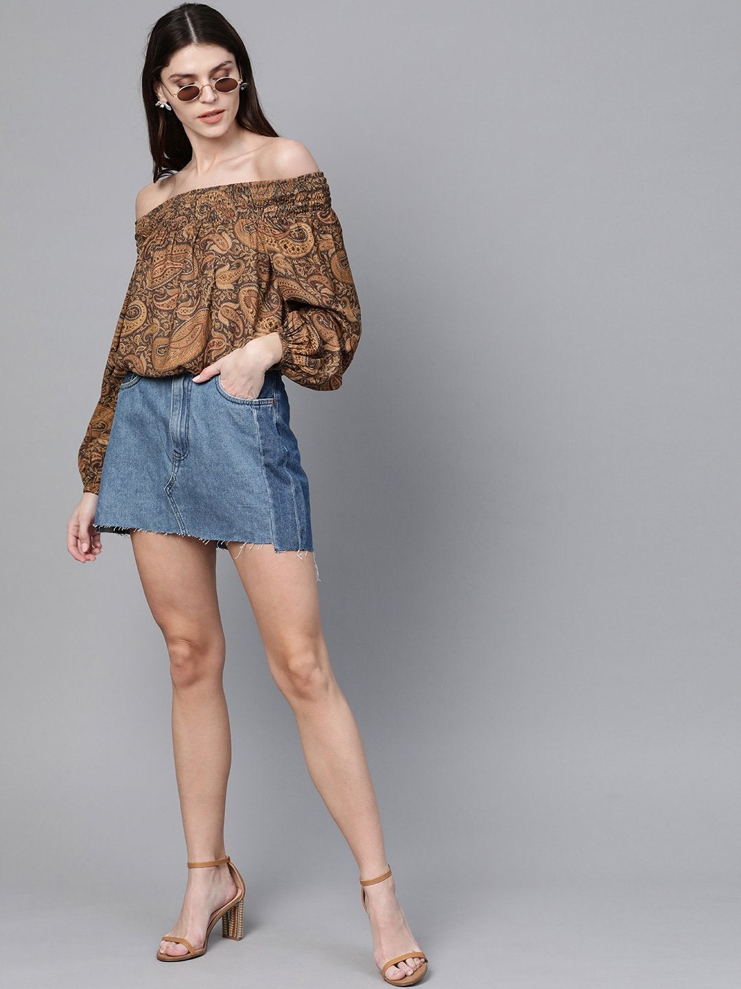 Women's Brown Paisley Smocked Bardot Crop Top
