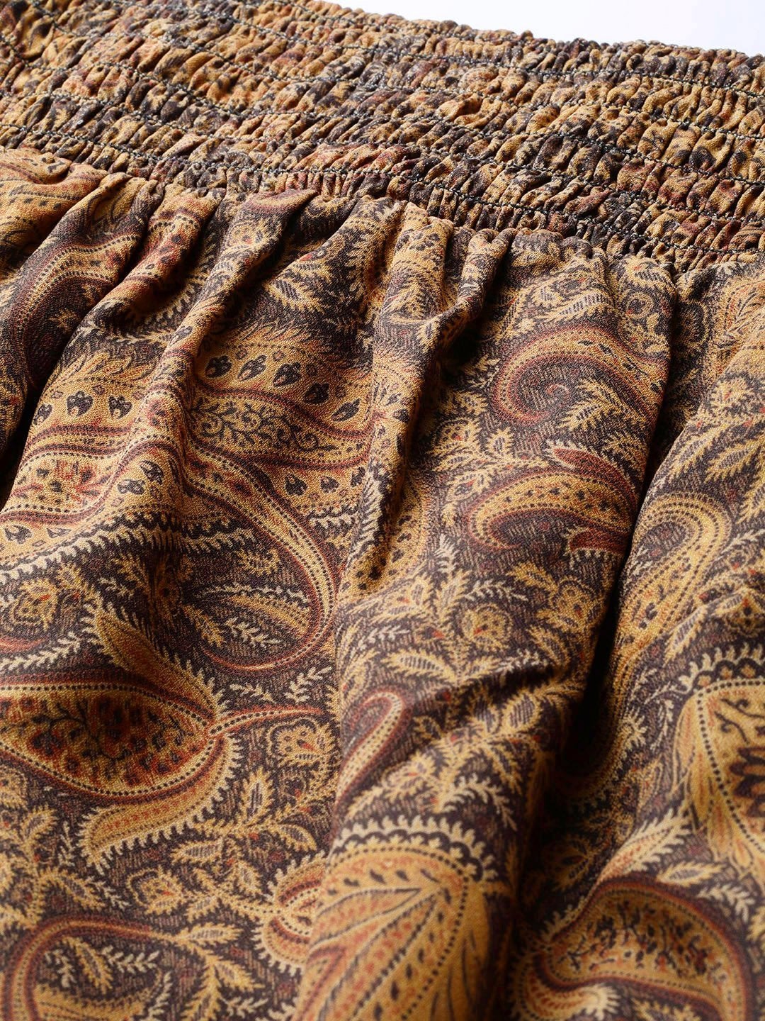 Women's Brown Paisley Smocked Bardot Crop Top