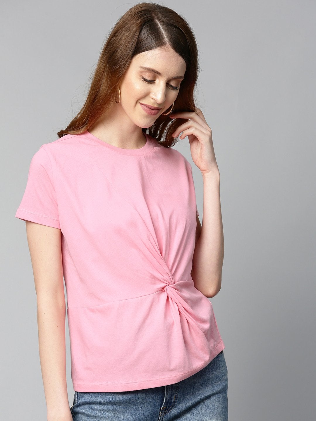 Women's Pink Twisted Knot Regular T-Shirt