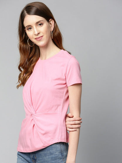 Women's Pink Twisted Knot Regular T-Shirt