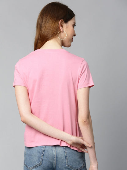Women's Pink Twisted Knot Regular T-Shirt