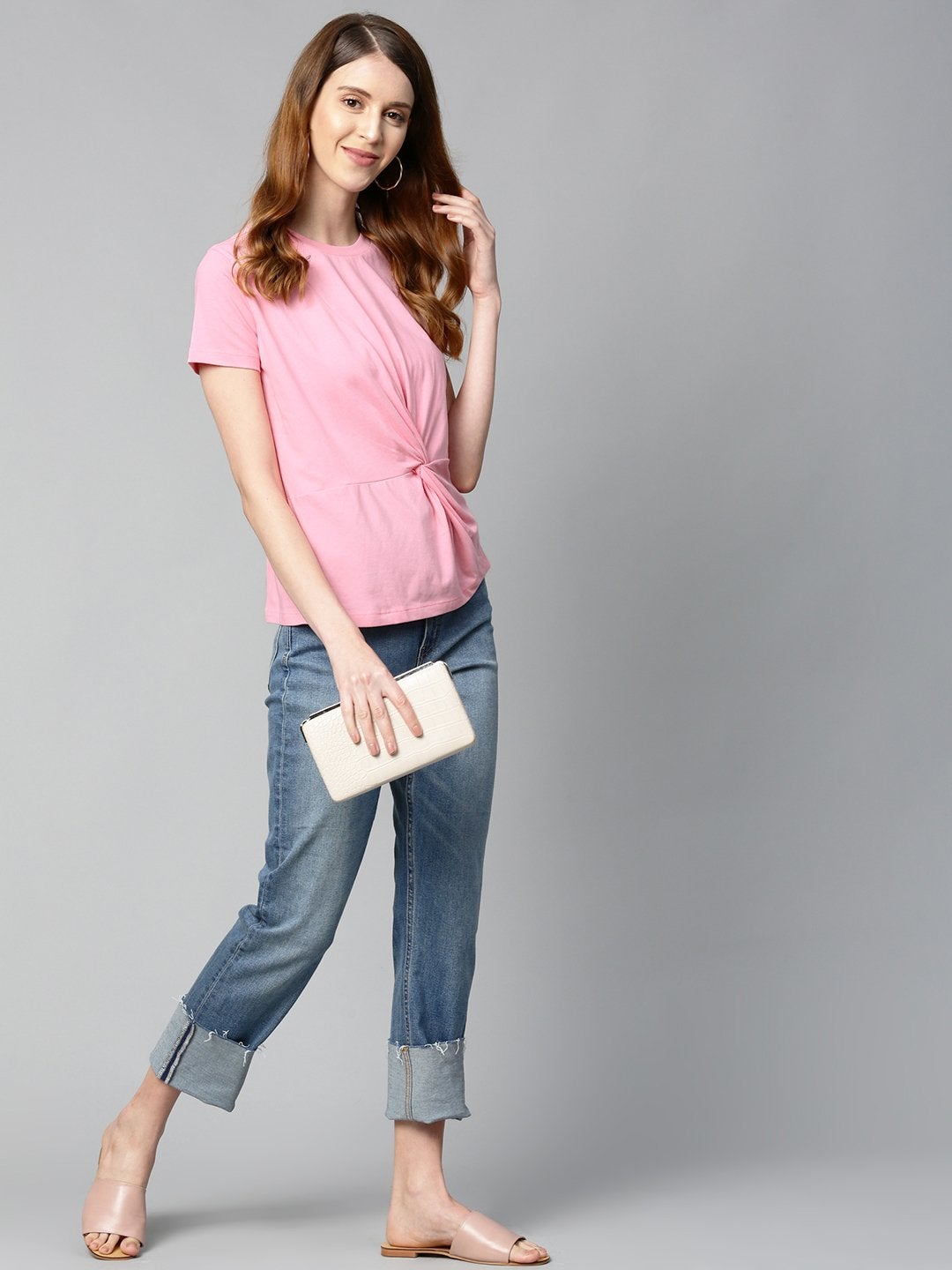 Women's Pink Twisted Knot Regular T-Shirt