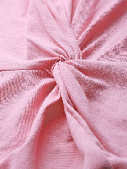 Women's Pink Twisted Knot Regular T-Shirt