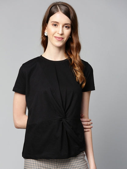 Women's Black Twisted Knot Regular T-Shirt