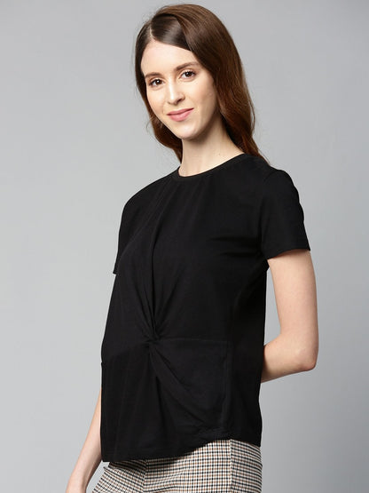 Women's Black Twisted Knot Regular T-Shirt