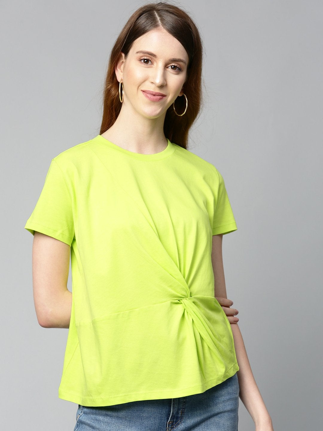 Women's Neon Green Twisted Knot Regular T-Shirt