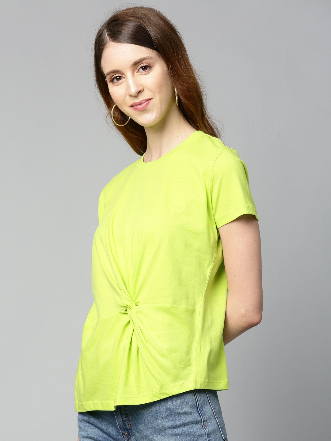 Women's Neon Green Twisted Knot Regular T-Shirt