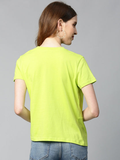 Women's Neon Green Twisted Knot Regular T-Shirt