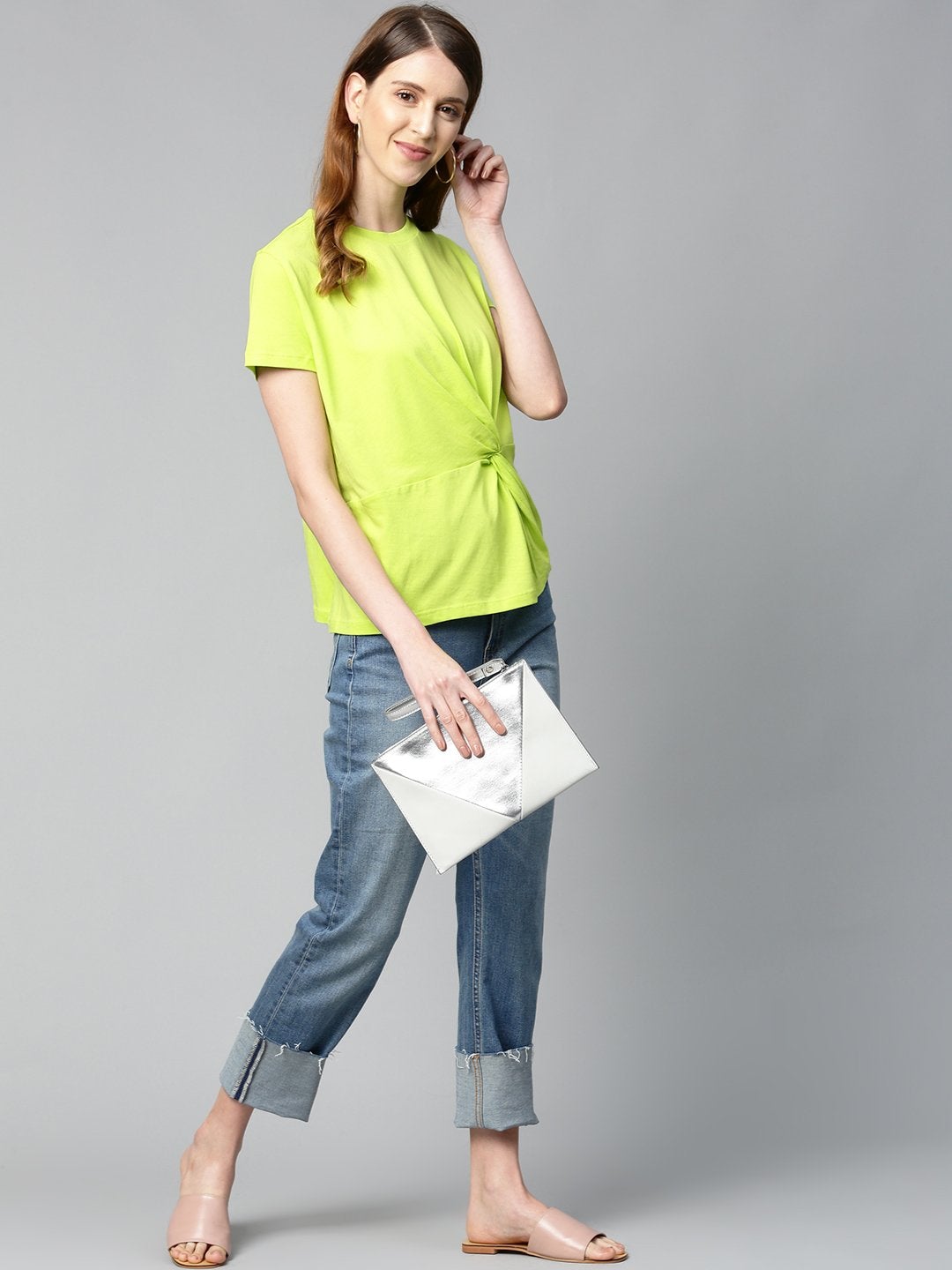 Women's Neon Green Twisted Knot Regular T-Shirt