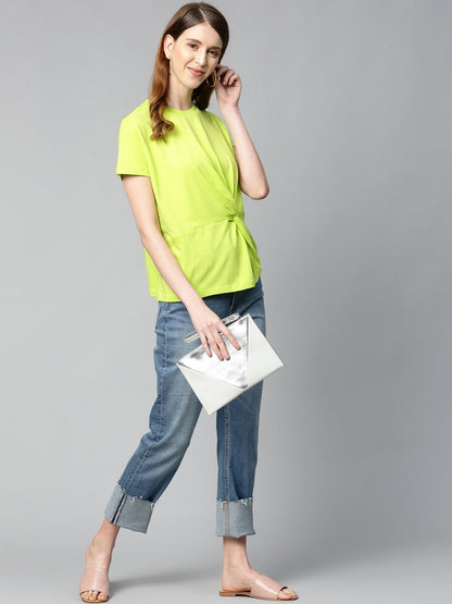 Women's Neon Green Twisted Knot Regular T-Shirt