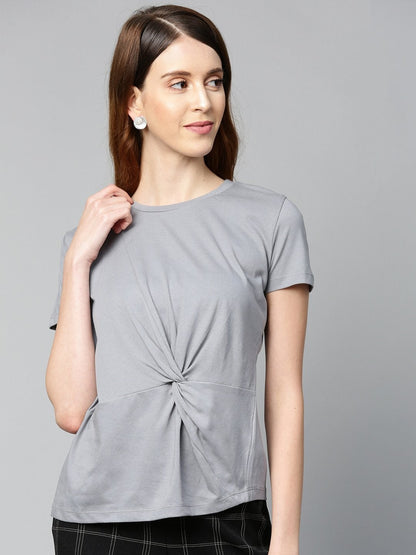 Women's Grey Twisted Knot Regular T-Shirt