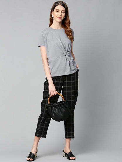 Women's Grey Twisted Knot Regular T-Shirt