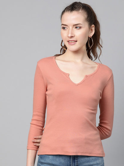 Women's Peach Rib V-Neck T-Shirt