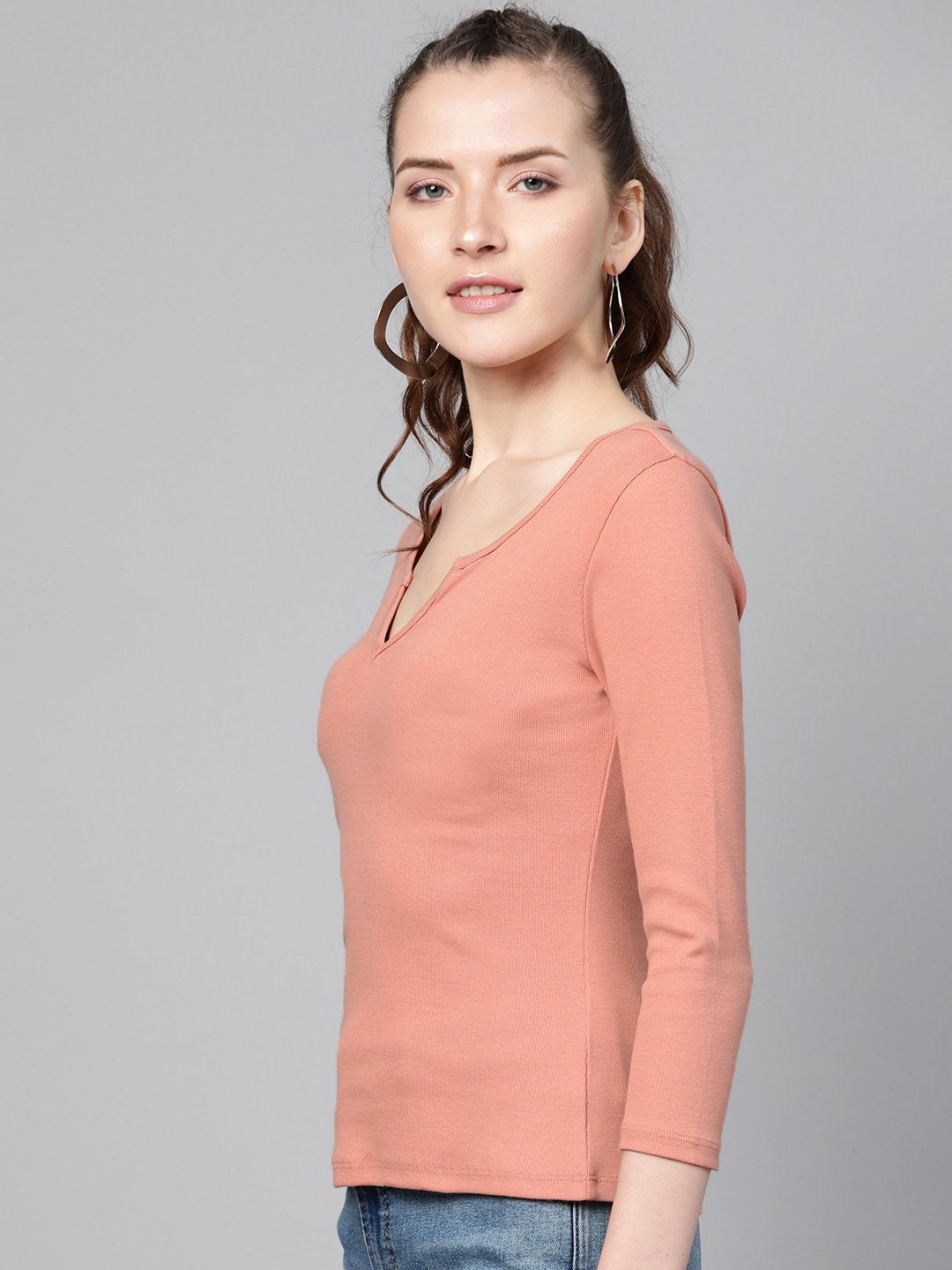 Women's Peach Rib V-Neck T-Shirt