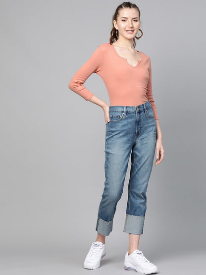 Women's Peach Rib V-Neck T-Shirt