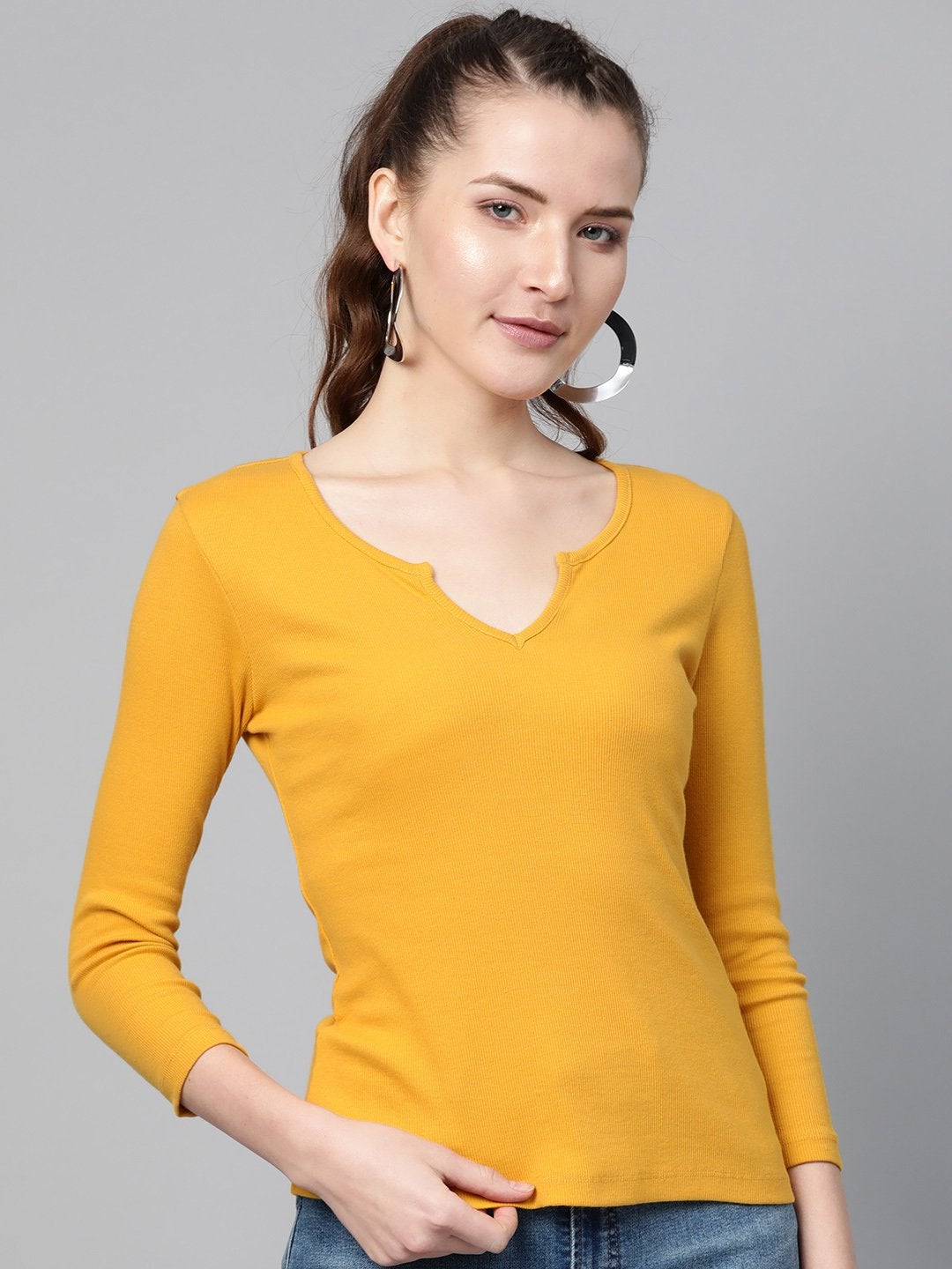 Women's Mustard Rib V-Neck T-Shirt