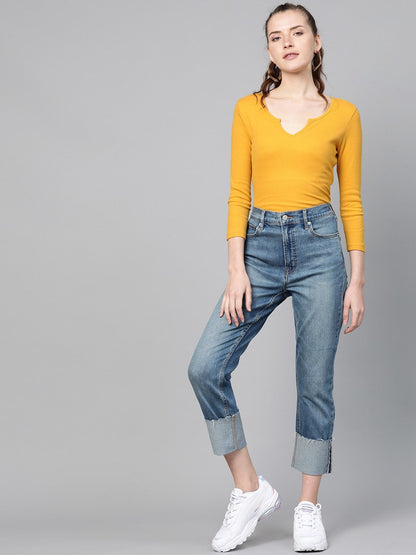 Women's Mustard Rib V-Neck T-Shirt