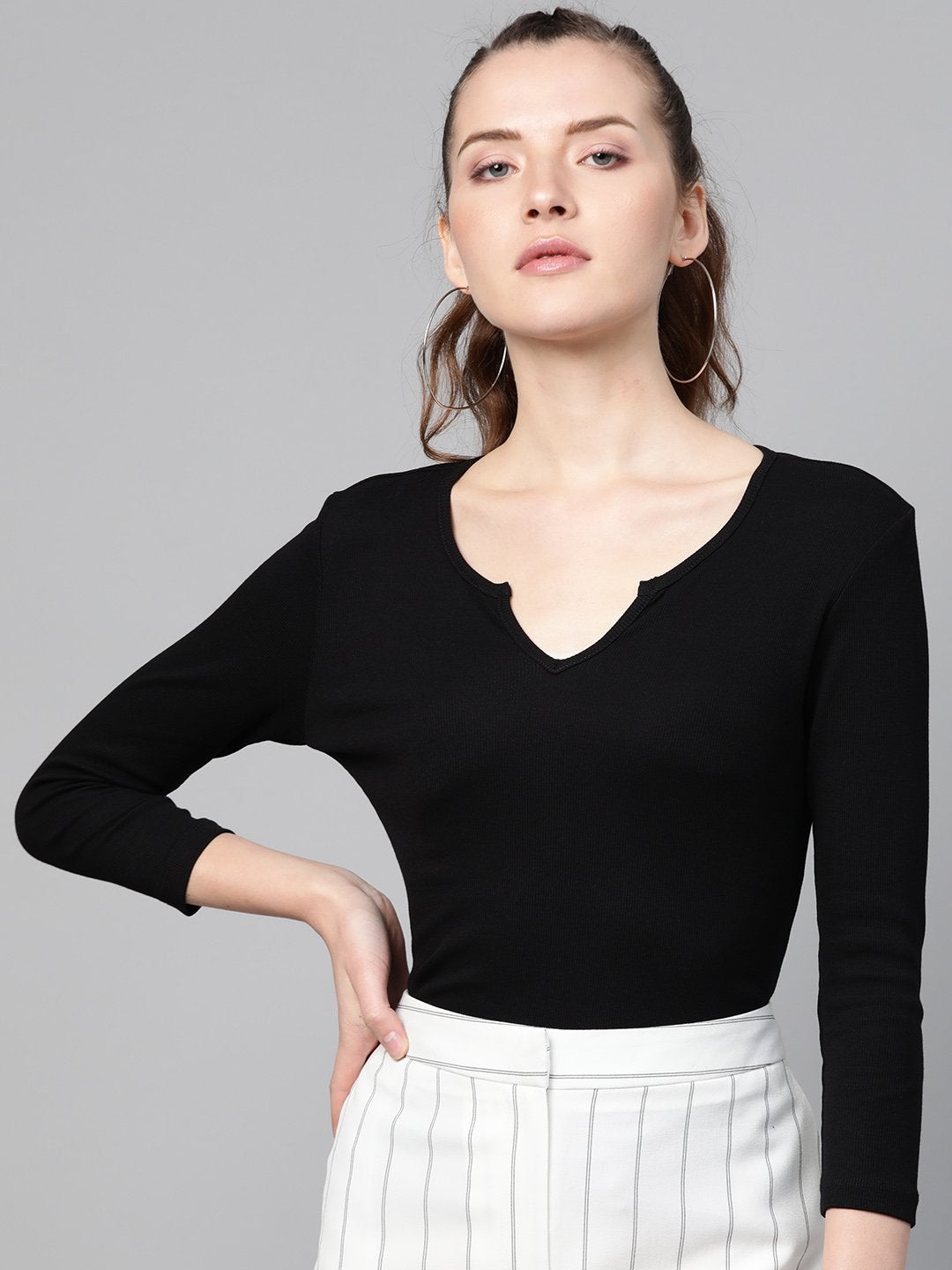 Women's Black Rib V-Neck T-Shirt