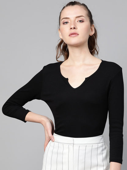 Women's Black Rib V-Neck T-Shirt