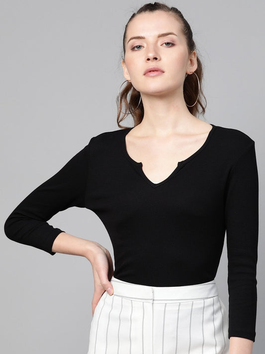 Women's Black Rib V-Neck T-Shirt