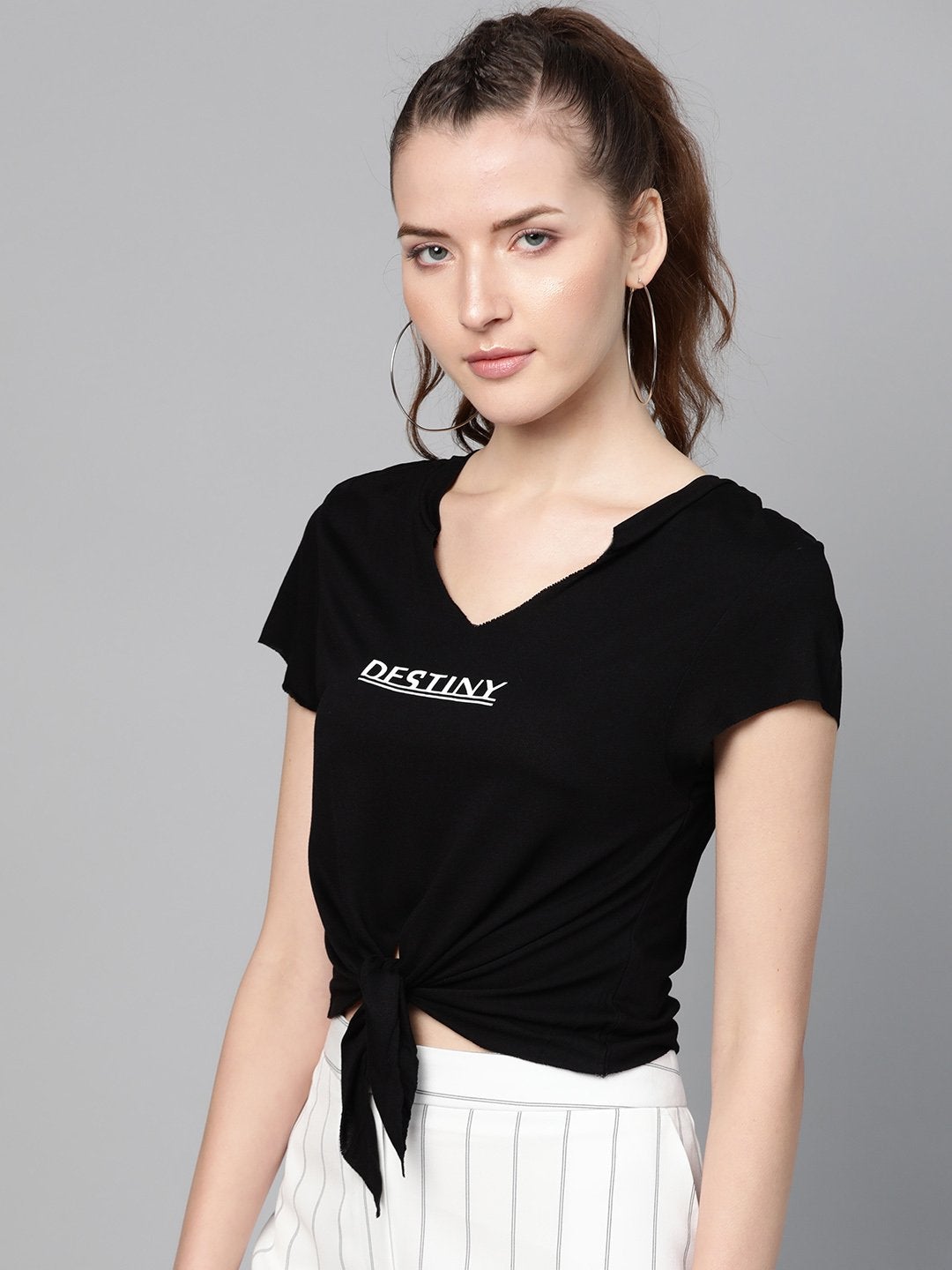 Women's Black Twisted Knot Destiny Crop T-Shirt