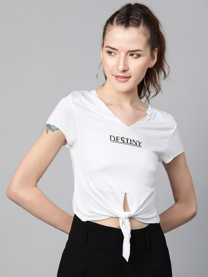 Women's White Twisted Knot Destiny Crop T-Shirt