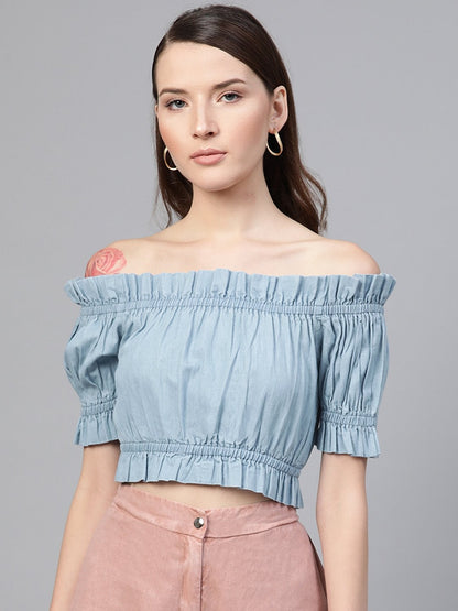 Women's Ice Blue Bardot Denim Crop Top