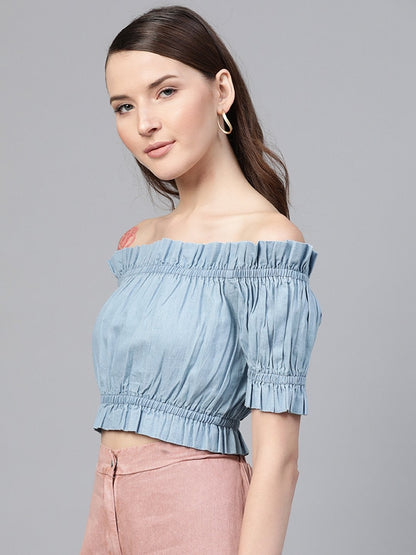Women's Ice Blue Bardot Denim Crop Top