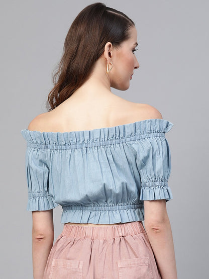 Women's Ice Blue Bardot Denim Crop Top